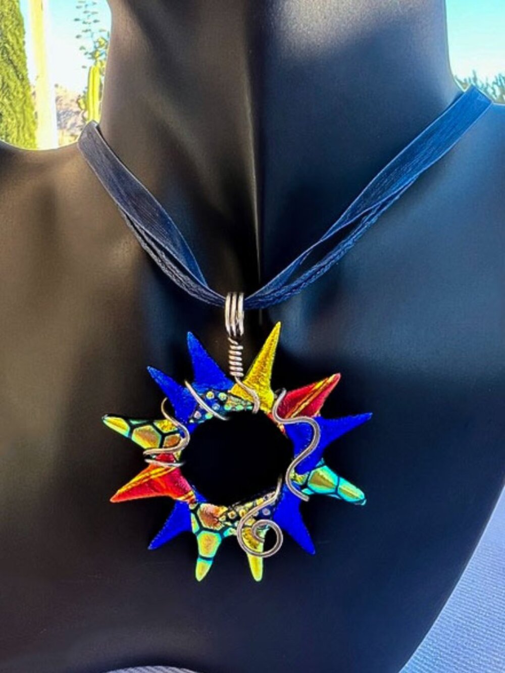 Artisan Made Art Glass Sterling Wire Wrap Starburst Pendant Heidi White Designs